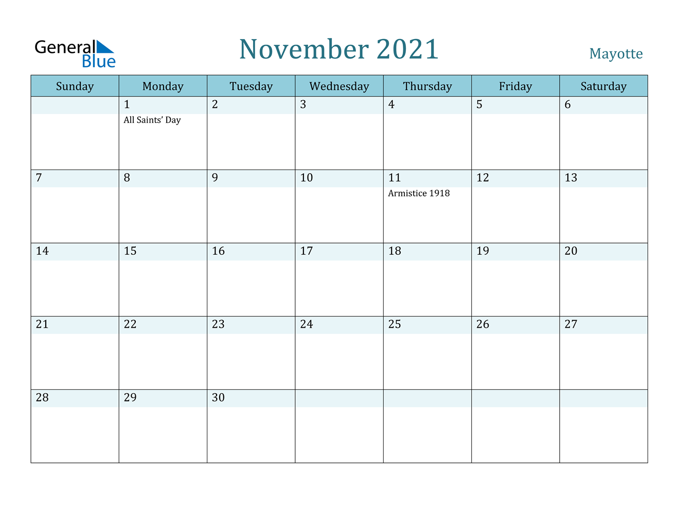November 2021 Calendar - Mayotte