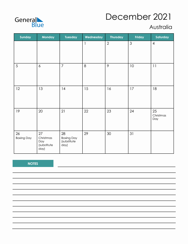 December 2021 Monthly Calendar with Australia Holidays
