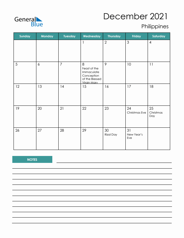 Calendar with Notes Printable - Sunday Start