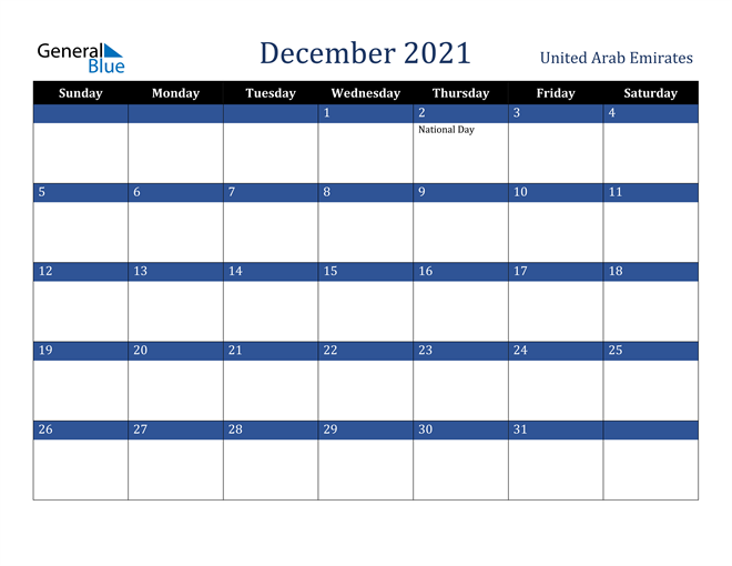 December 2021 United Arab Emirates Calendar