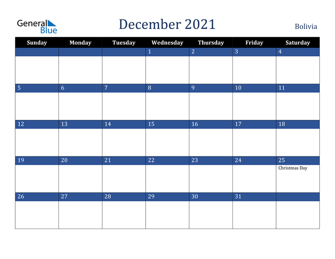 December 2021 Bolivia Calendar