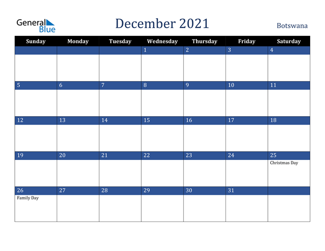 December 2021 Botswana Calendar