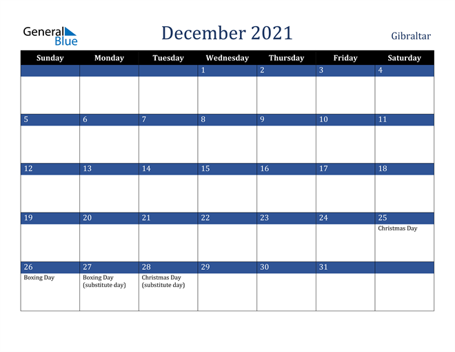 December 2021 Gibraltar Calendar