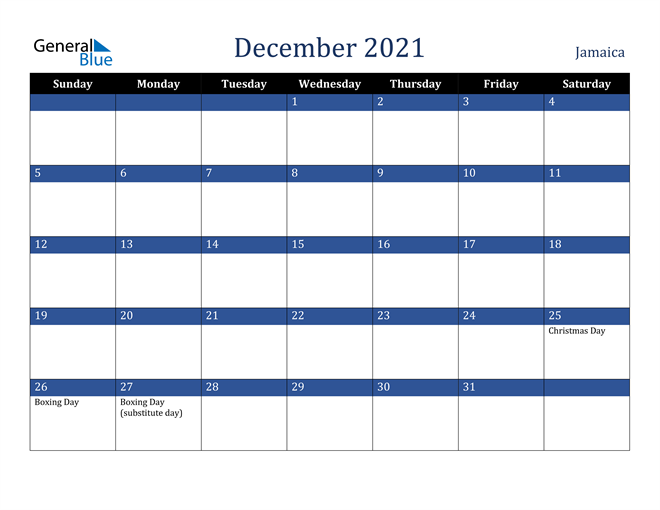 December 2021 Jamaica Calendar