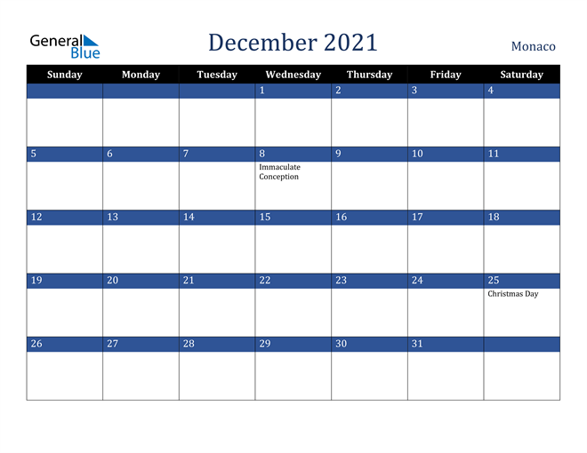 December 2021 Monaco Calendar