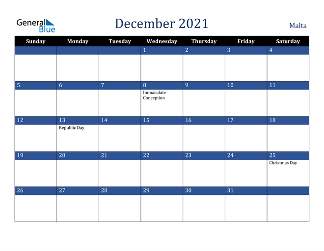December 2021 Malta Calendar