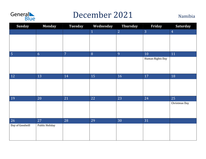 December 2021 Namibia Calendar
