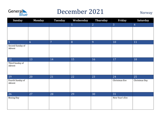 December 2021 Norway Calendar