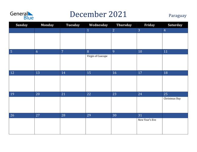 December 2021 Paraguay Calendar