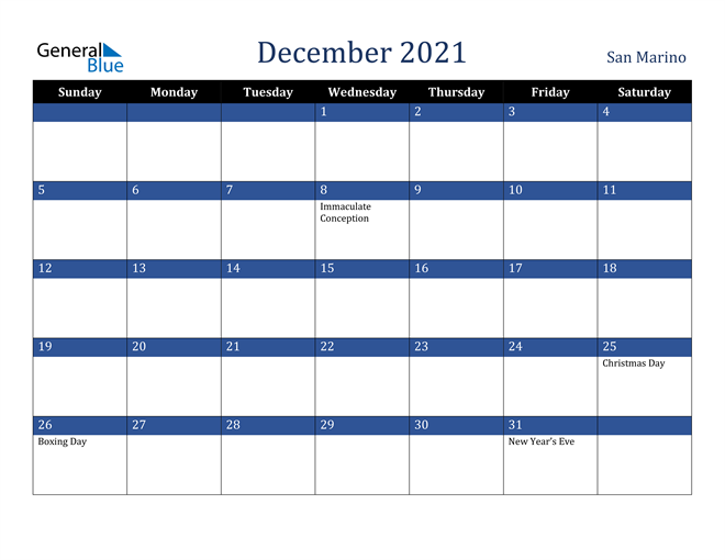 December 2021 San Marino Calendar