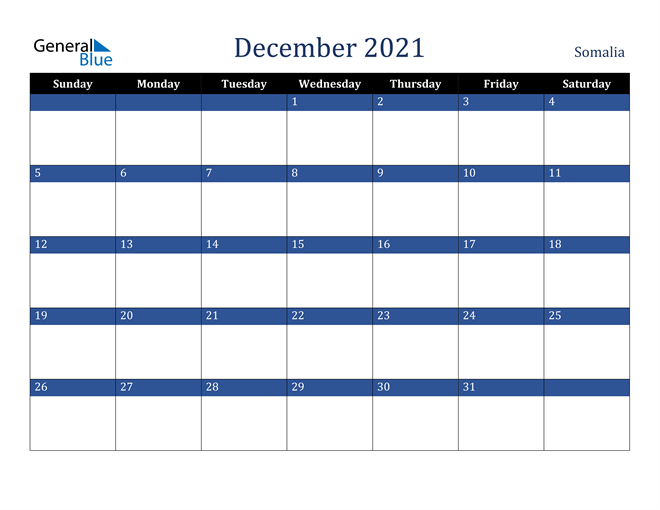 December 2021 Somalia Calendar