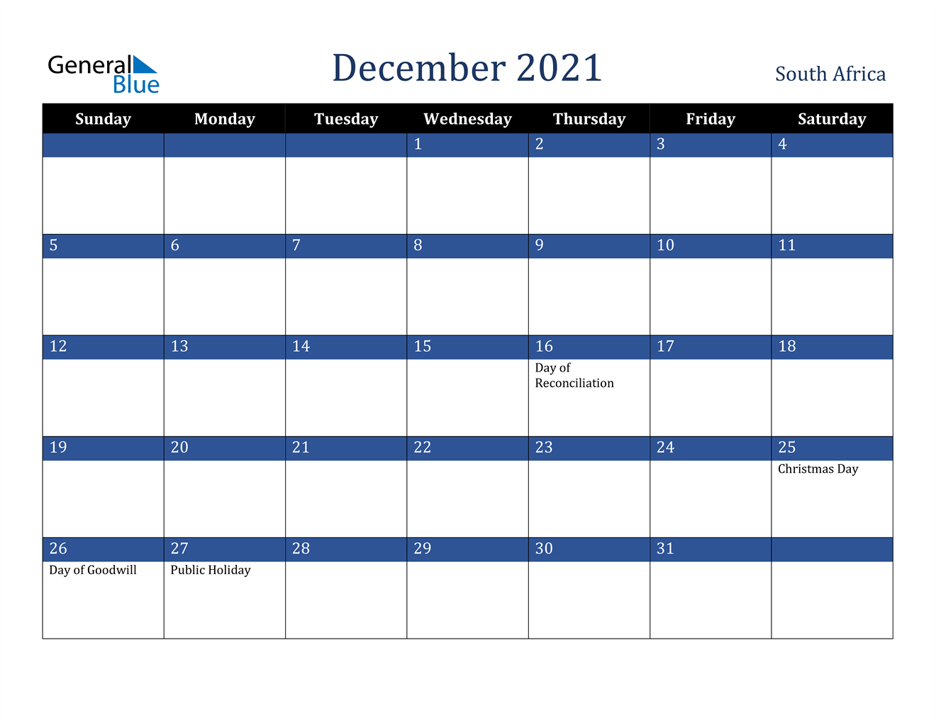 December 2021 Calendar - South Africa