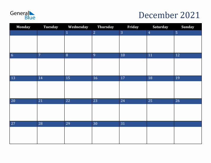 Monday Start Calendar for December 2021