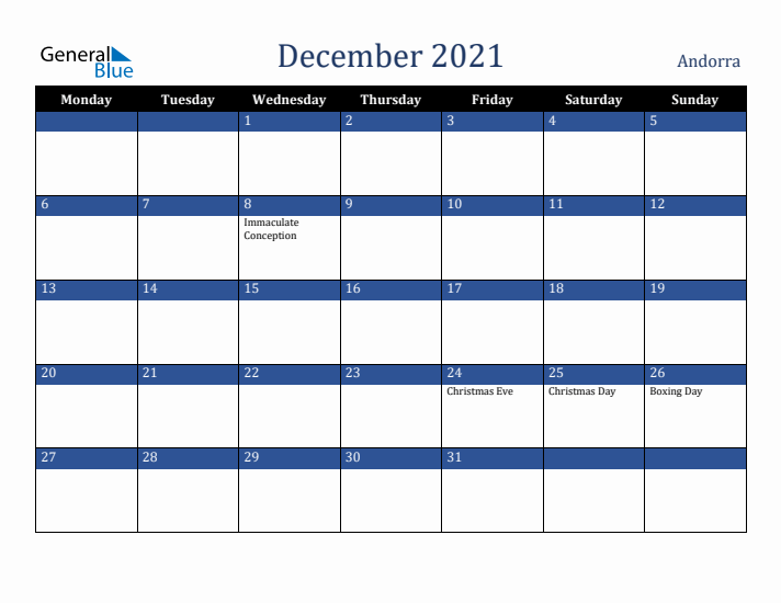 December 2021 Andorra Calendar (Monday Start)