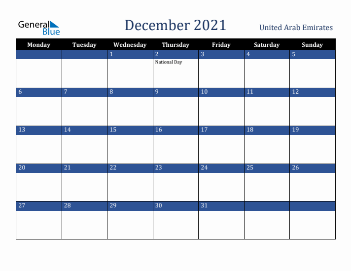 December 2021 United Arab Emirates Calendar (Monday Start)
