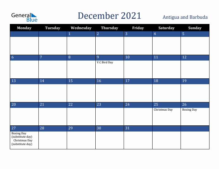 December 2021 Antigua and Barbuda Calendar (Monday Start)