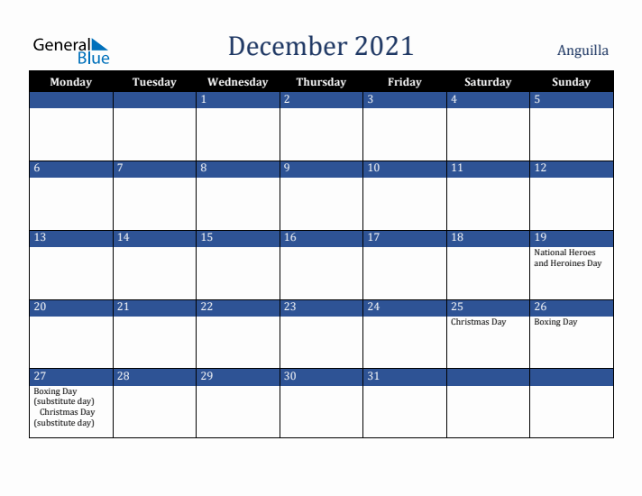 December 2021 Anguilla Calendar (Monday Start)