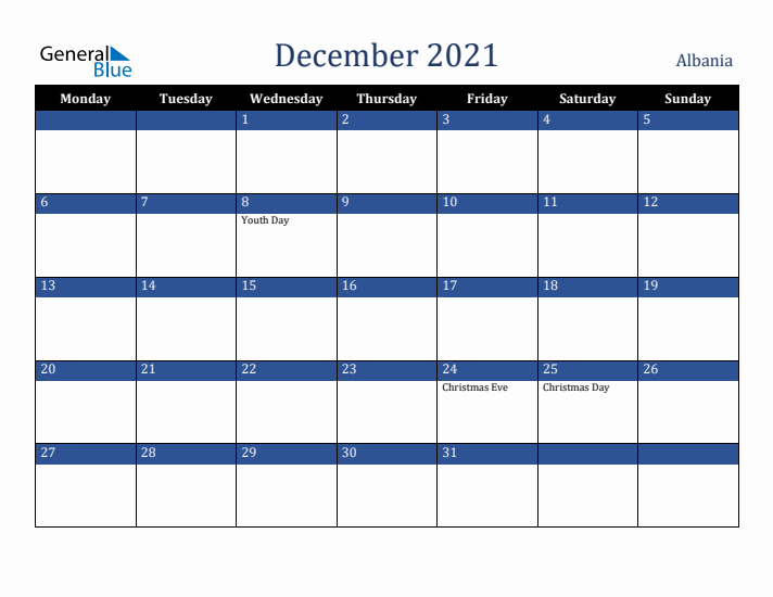 December 2021 Albania Calendar (Monday Start)