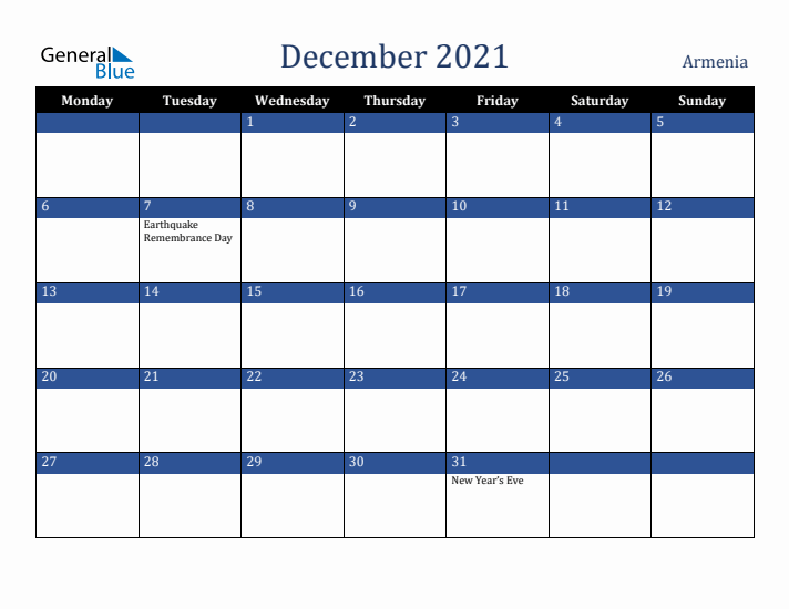 December 2021 Armenia Calendar (Monday Start)