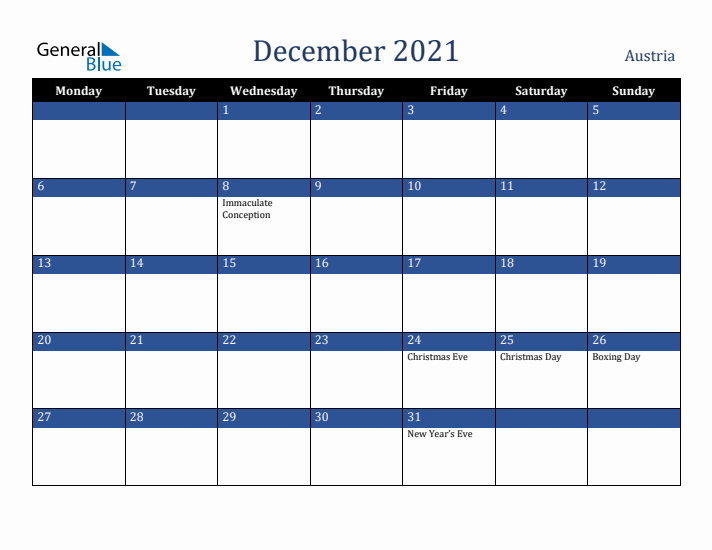 December 2021 Austria Calendar (Monday Start)