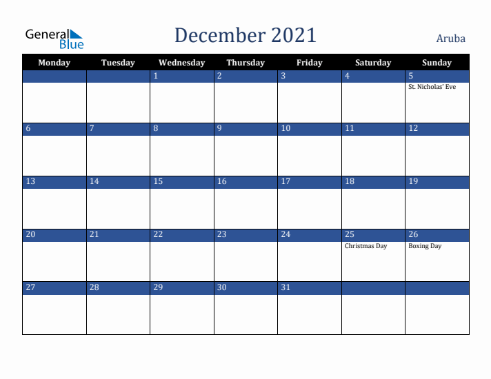 December 2021 Aruba Calendar (Monday Start)