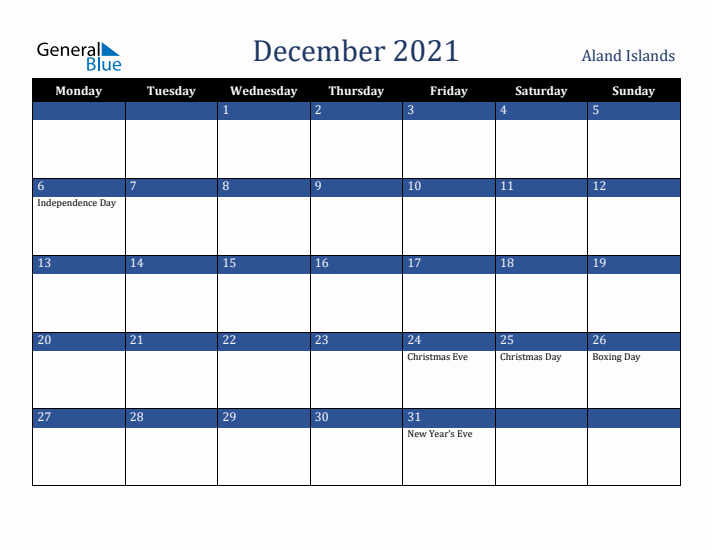 December 2021 Aland Islands Calendar (Monday Start)