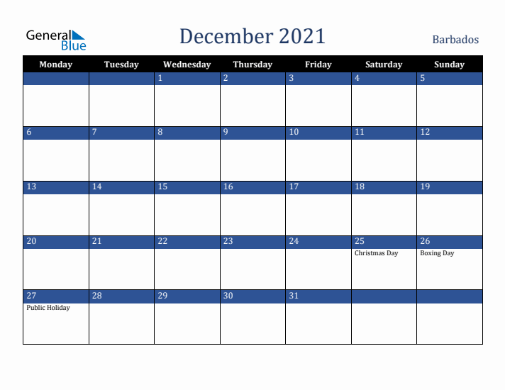 December 2021 Barbados Calendar (Monday Start)