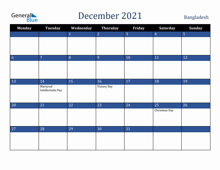 December 2021 Bangladesh Calendar (Monday Start)
