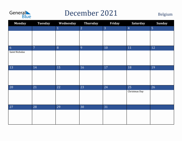 December 2021 Belgium Calendar (Monday Start)