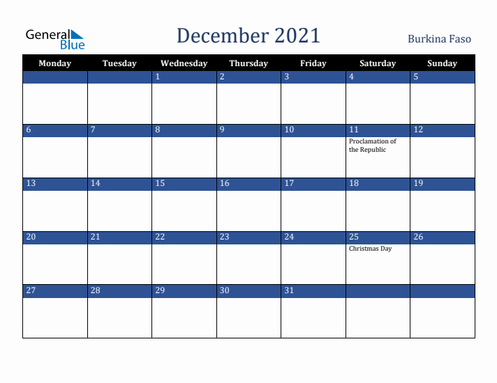 December 2021 Burkina Faso Calendar (Monday Start)