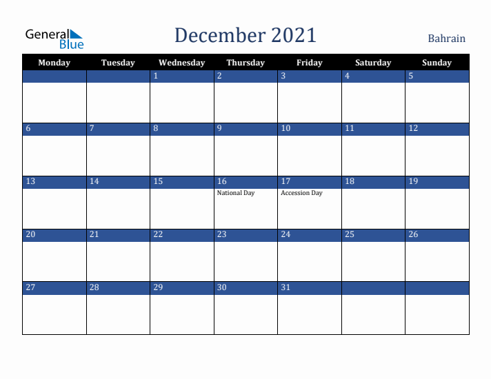 December 2021 Bahrain Calendar (Monday Start)
