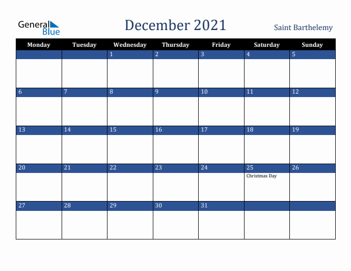 December 2021 Saint Barthelemy Calendar (Monday Start)