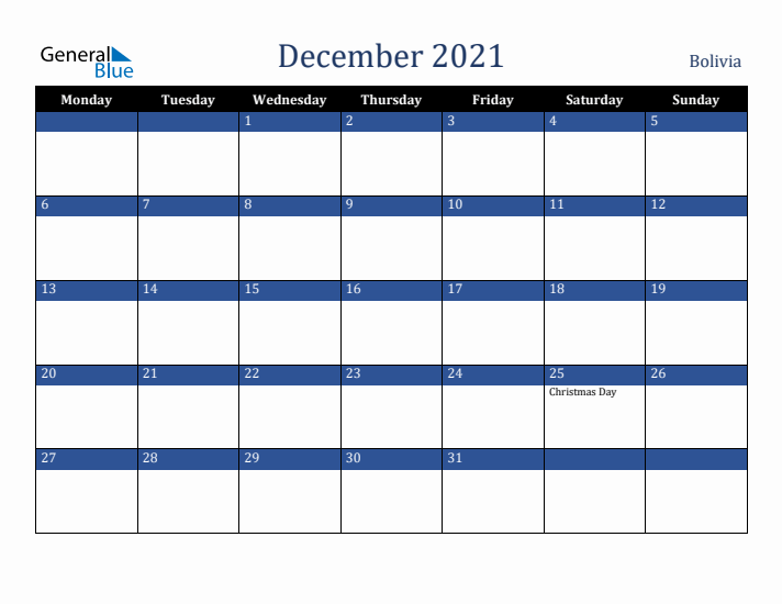 December 2021 Bolivia Calendar (Monday Start)