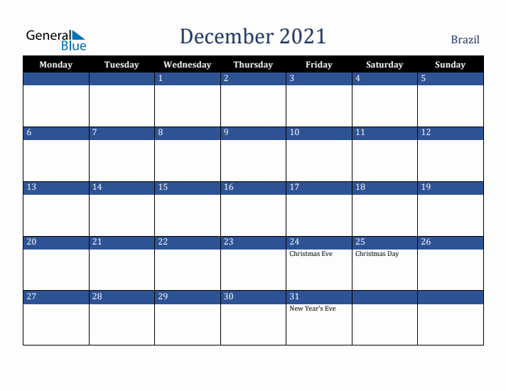 December 2021 Brazil Calendar (Monday Start)
