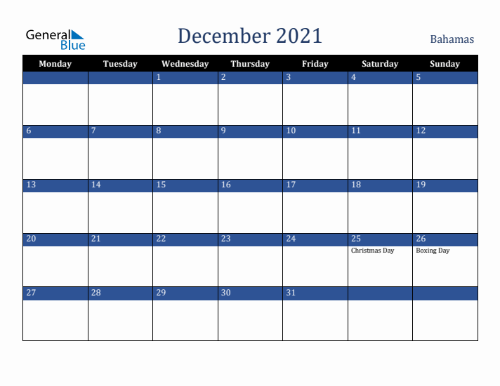 December 2021 Bahamas Calendar (Monday Start)