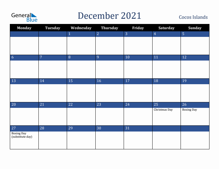 December 2021 Cocos Islands Calendar (Monday Start)