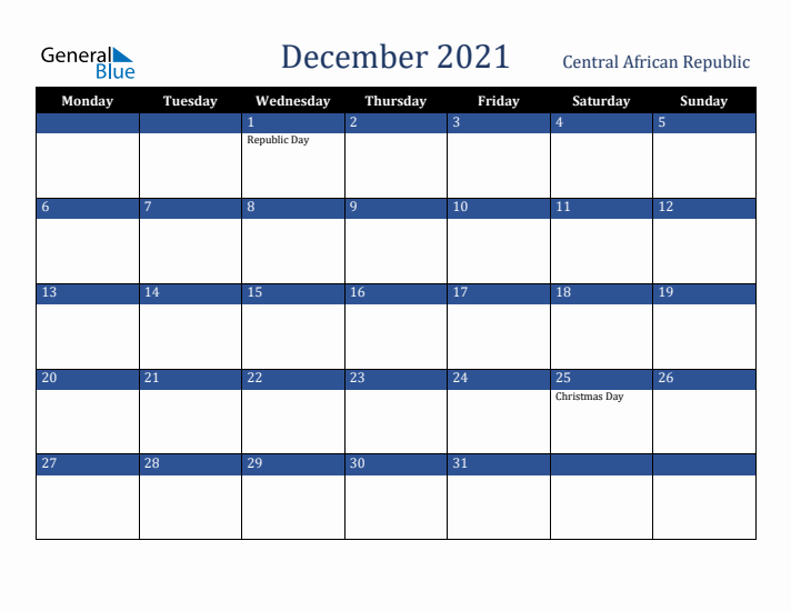 December 2021 Central African Republic Calendar (Monday Start)