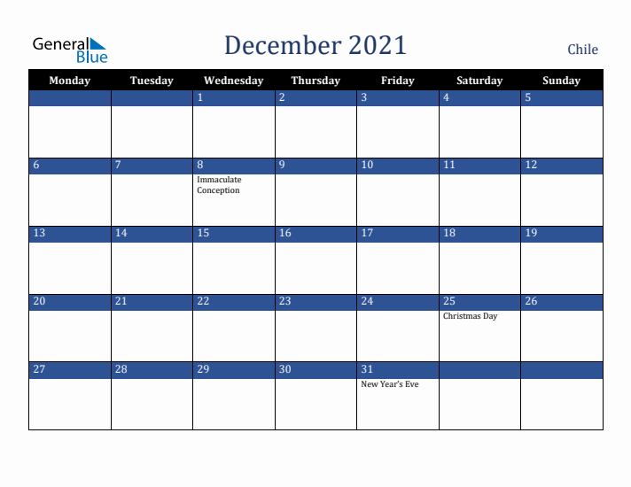 December 2021 Chile Calendar (Monday Start)