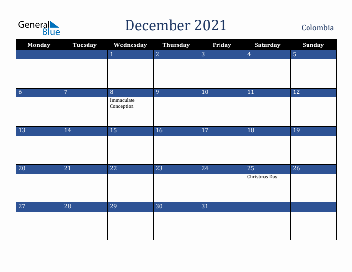 December 2021 Colombia Calendar (Monday Start)