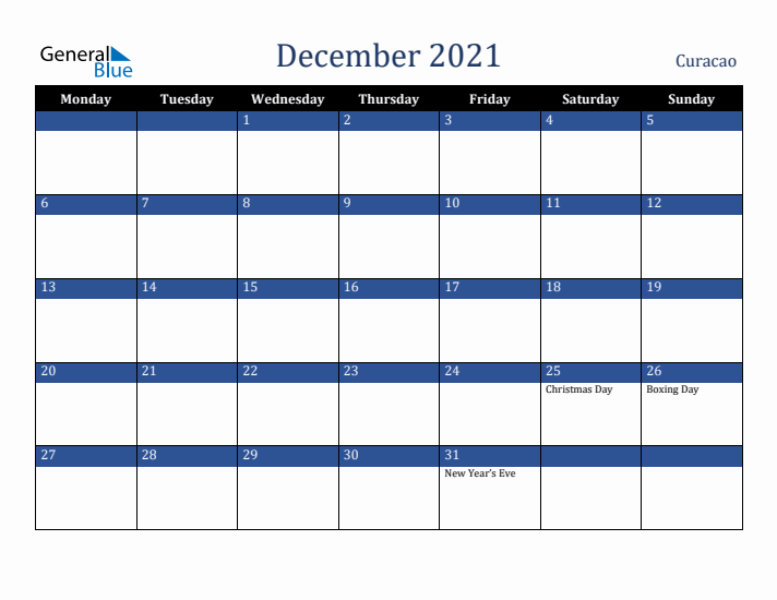 December 2021 Curacao Calendar (Monday Start)