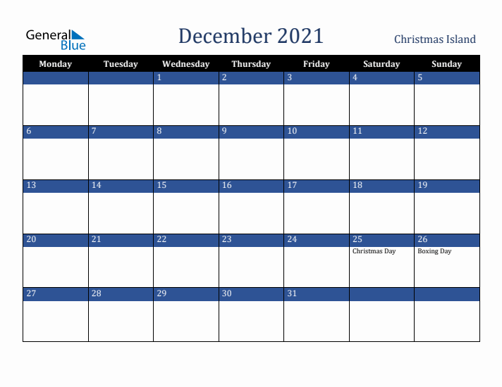 December 2021 Christmas Island Calendar (Monday Start)