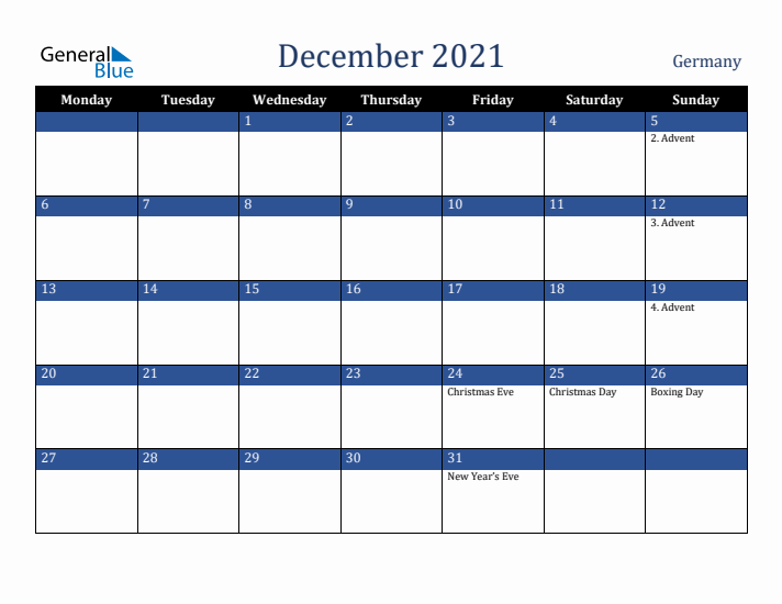 December 2021 Germany Calendar (Monday Start)