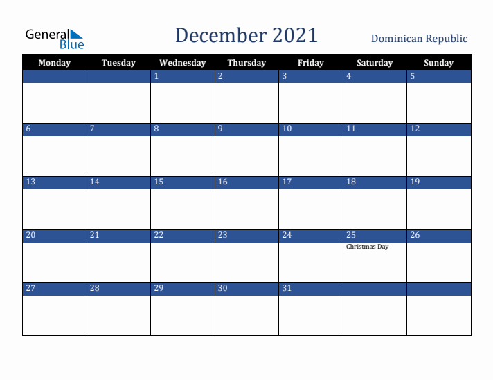 December 2021 Dominican Republic Calendar (Monday Start)