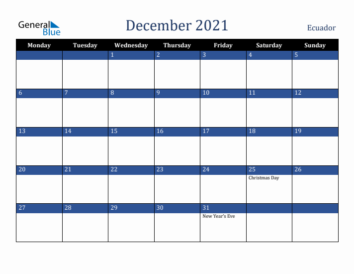 December 2021 Ecuador Calendar (Monday Start)