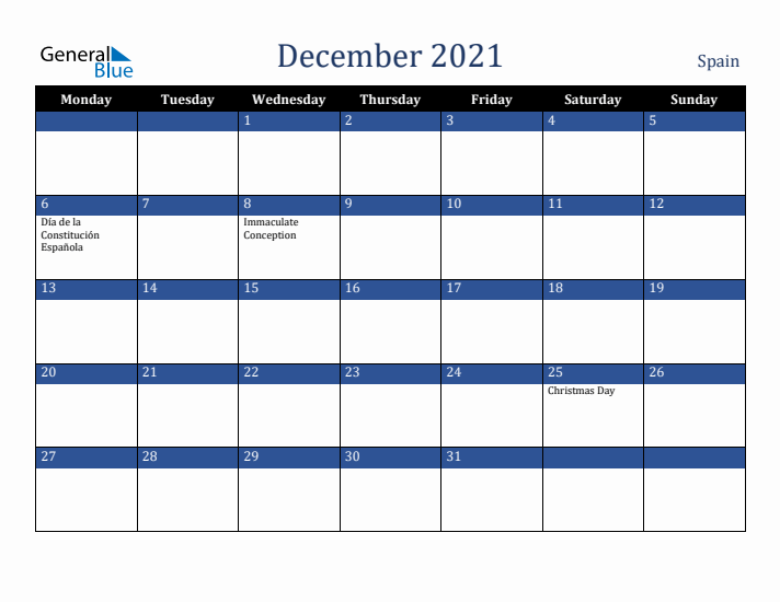 December 2021 Spain Calendar (Monday Start)