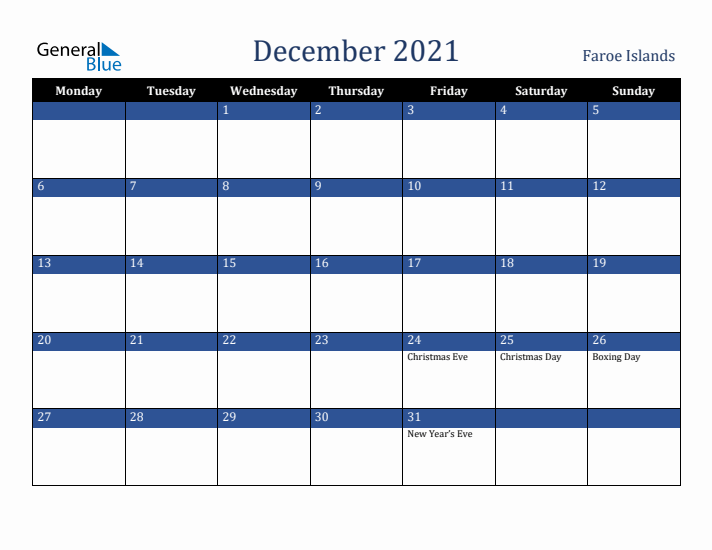 December 2021 Faroe Islands Calendar (Monday Start)