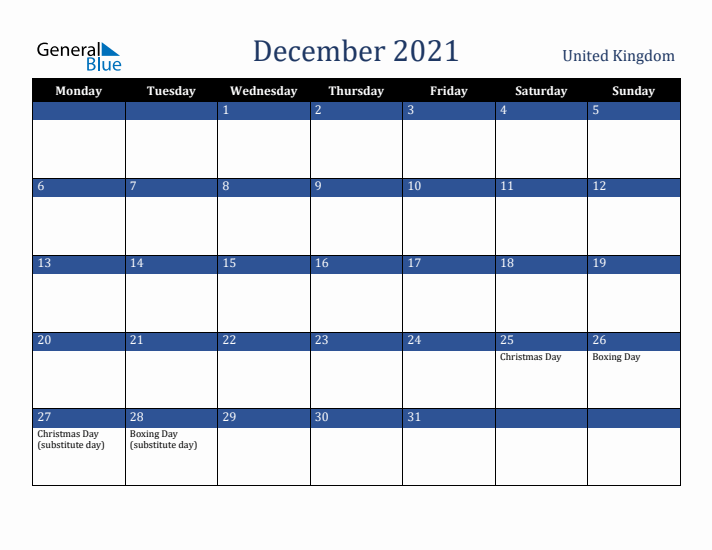 December 2021 United Kingdom Calendar (Monday Start)