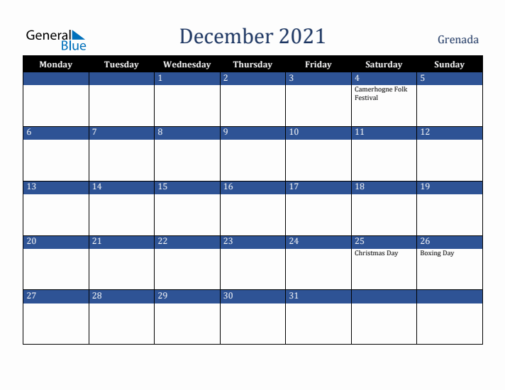 December 2021 Grenada Calendar (Monday Start)