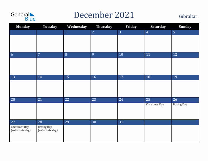 December 2021 Gibraltar Calendar (Monday Start)