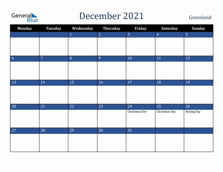 December 2021 Greenland Calendar (Monday Start)